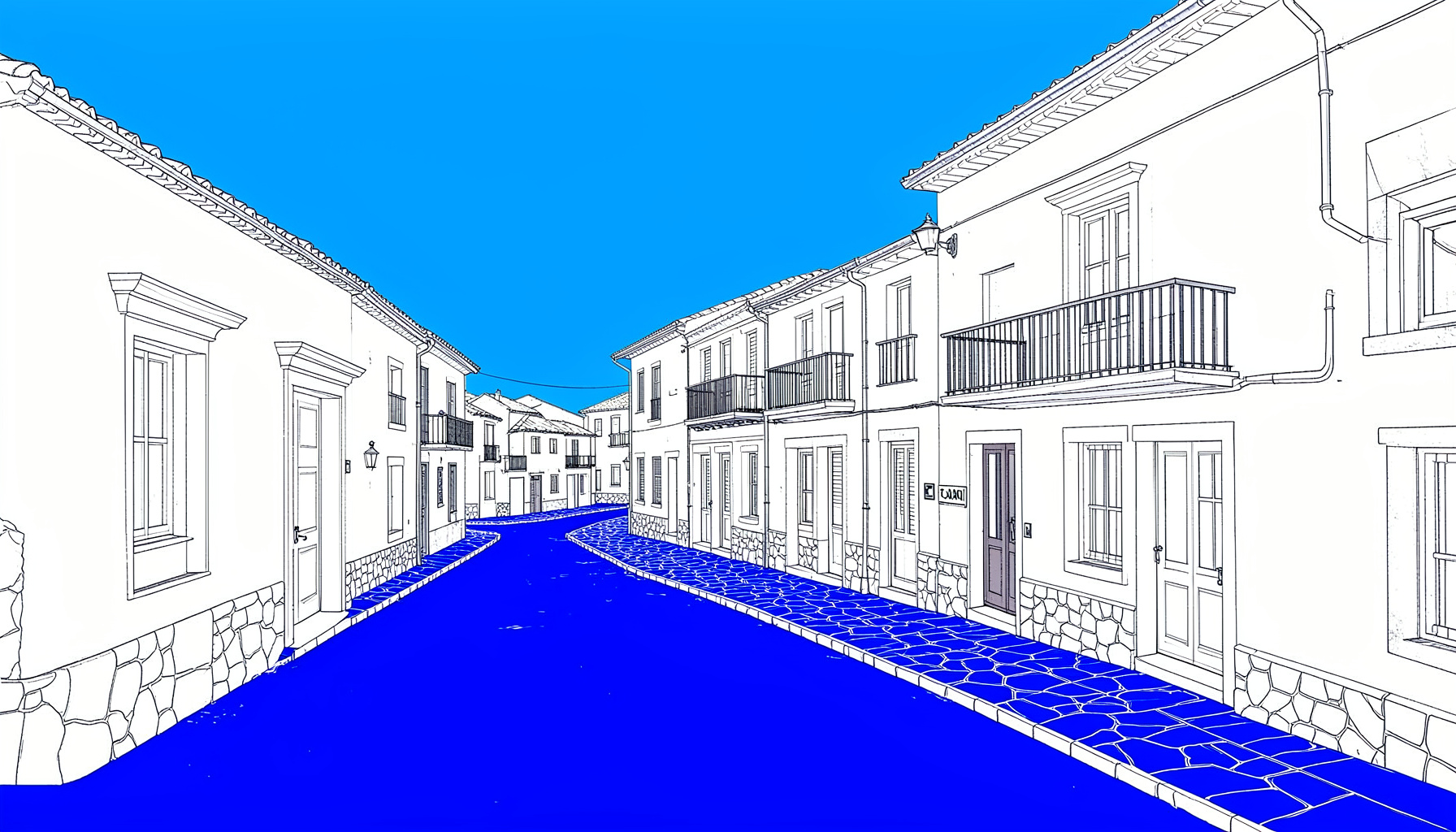 Calle empedrada de un pueblo serrano con casas de dos plantas, fachadas encaladas y balcones de madera bajo un cielo despejado