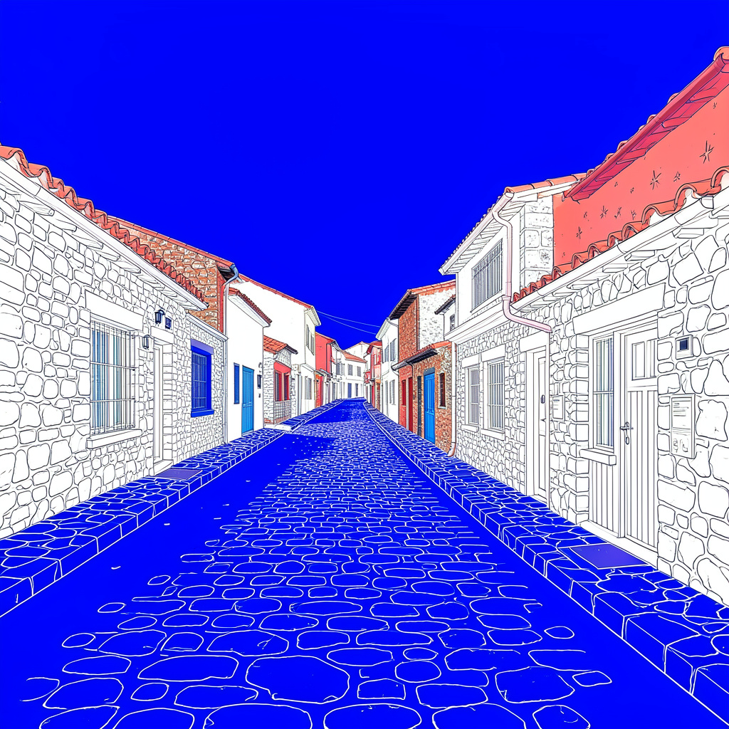 Calle empedrada de un pueblo serrano con casas de arquitectura tradicional, fachadas de piedra y tejados rojizos bajo luz suave