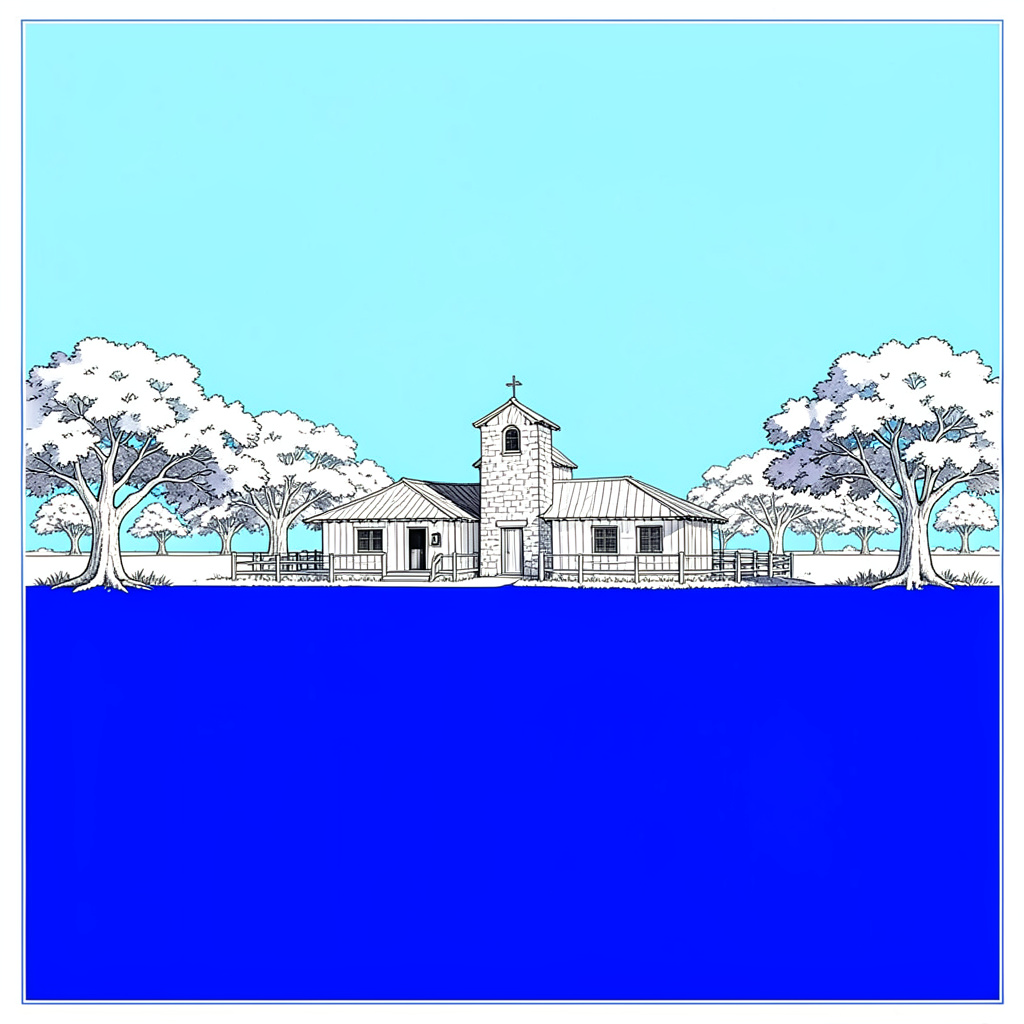 Pueblo serrano con casas tradicionales y una pequeña ermita, rodeado de dehesas y encinas bajo un cielo azul claro